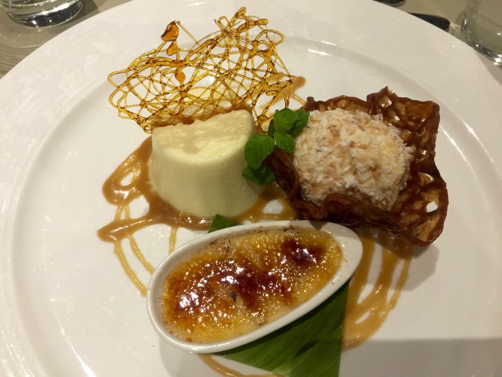 Triple Dessert consists of ice cream with caramelised crispy, coconut wrapped ball and cream at $15.