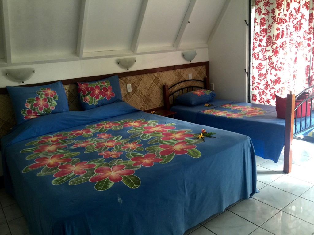 Bold floral prints are typical for Aitutaki accommodation and even the rest of the Pacific Islands.