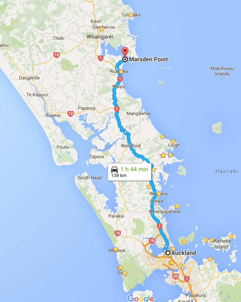 A 1-hr 44-min drive from Auckland to Marsden Point. 